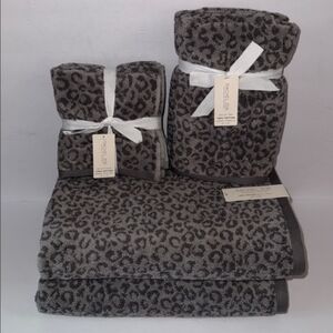 NWT Rachel Zoe 8 Piece 100% Cotton Bath Towel Set Gray Leopard Animal Print